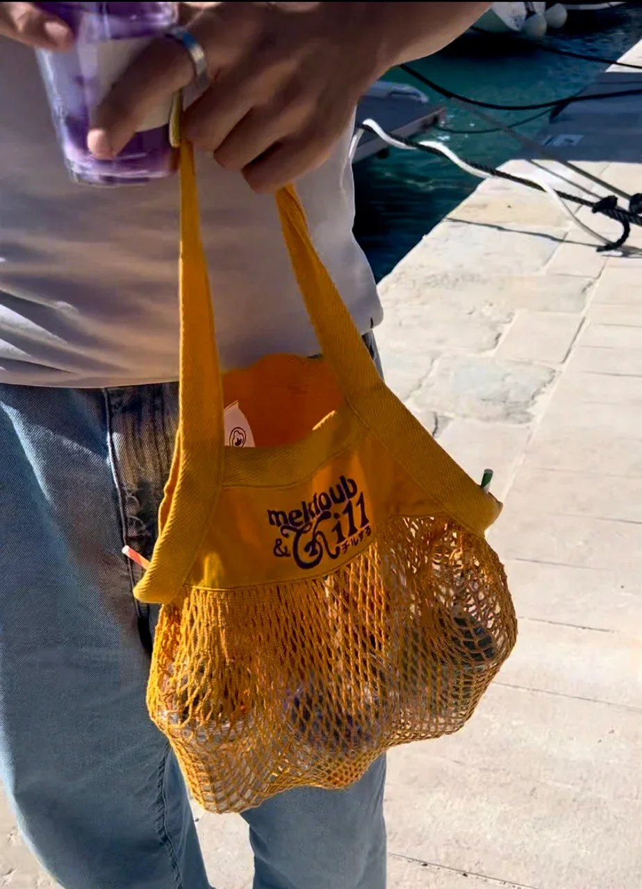 Sac filet jaune mektoub & Chill, streetwear unisexe, tie and dye, Antibes