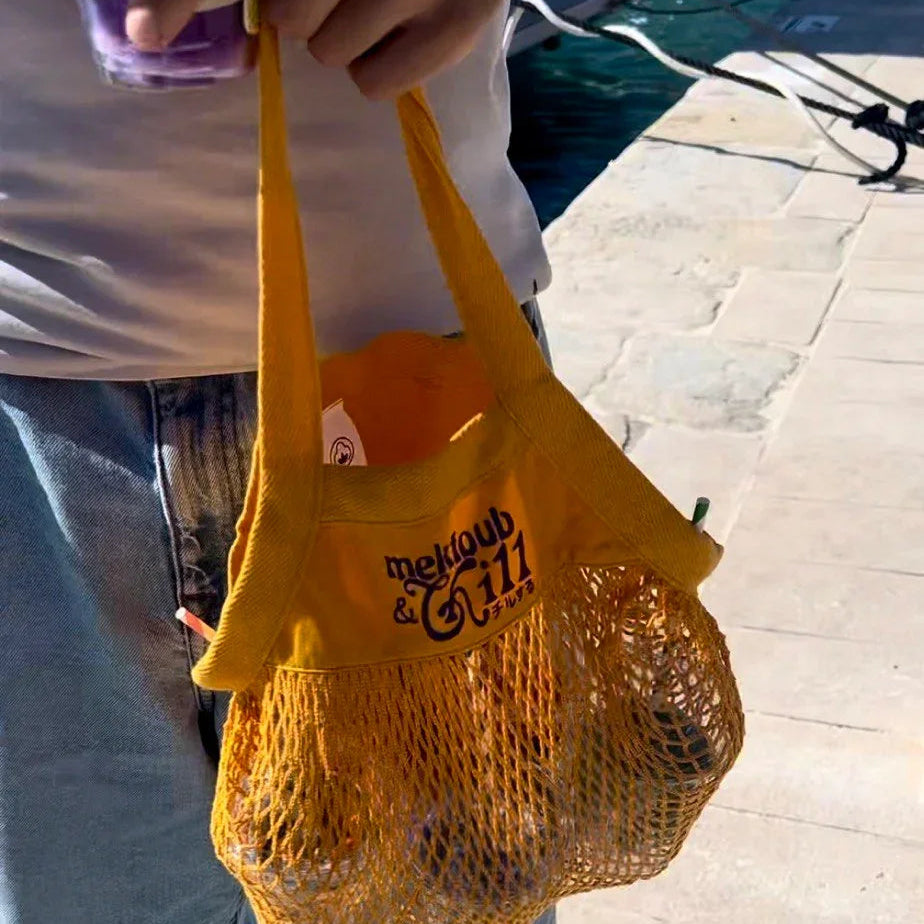 Sac filet jaune mektoub & Chill, streetwear unisexe, tie and dye, Antibes